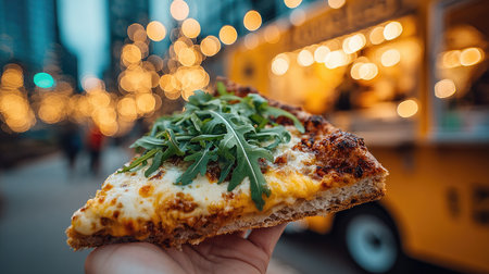 A delicious slice of gourmet pizza topped with fresh arugula is displayed in hand against a backdrop of a lively food truck and twinkling city lights.の素材