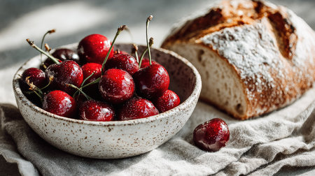 A stunning arrangement featuring fresh red cherries in a rustic bowl beside a loaf of artisan bread, set on a textured cloth, highlighting natural beauty.の素材