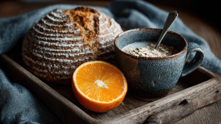 A charming arrangement featuring a freshly baked bread loaf, a cup of oatmeal, and a vibrant orange on a rustic wooden tray, evoking warmth and comfort.の素材