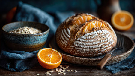 A beautifully arranged scene featuring freshly baked orange bread, served with oats and vibrant oranges on a rustic table. Perfect for warm breakfasts.の素材