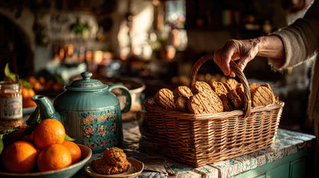A beautifully arranged kitchen scene featuring a basket of freshly baked cookies, elegant teapot, and vibrant fruits, evoking a warm and inviting atmosphere.の素材