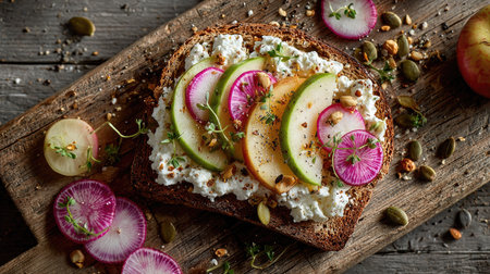 A beautifully arranged open-faced sandwich featuring creamy cheese, sliced apples, vibrant radishes, and various seeds on rustic wooden board. Perfect for healthy meals.の素材