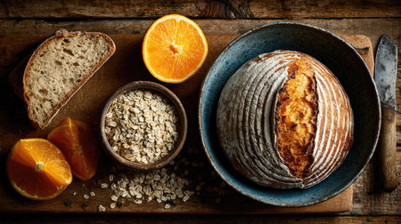 A beautiful rustic composition featuring freshly baked bread surrounded by oats and vibrant slices of orange, ideal for breakfast or snack ideas.の素材