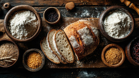 A beautifully arranged scene featuring a freshly baked artisan bread loaf surrounded by bowls of flour and various grains on a rustic wooden surface.の素材