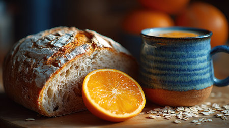 A beautifully arranged image featuring a freshly baked loaf of bread beside a vibrant orange slice and a rustic blue mug, perfect for a cozy breakfast setting.の素材