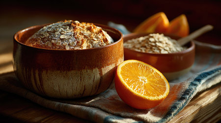 A warm loaf of freshly baked bread topped with oats sits in a rustic bowl alongside bright orange slices, creating a perfect food composition for culinary art.の素材