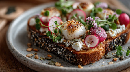 A beautifully presented slice of gourmet toast topped with fresh radishes, sprouts, creamy cheese, and garnished with herbs, ideal for culinary art.の素材
