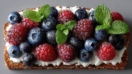 A mouthwatering piece of toast topped with cream cheese and an array of fresh berries, including raspberries and blueberries, garnished with mint.の素材