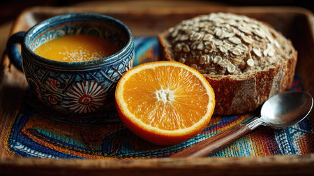 A vibrant breakfast scene featuring a cup of orange juice, a slice of freshly baked oatmeal bread, and a whole orange, presented on a textured tray.の素材