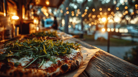 A beautifully presented pizza topped with fresh greenery sits on a rustic wooden table at an outdoor event, captured during a warm sunset.の素材