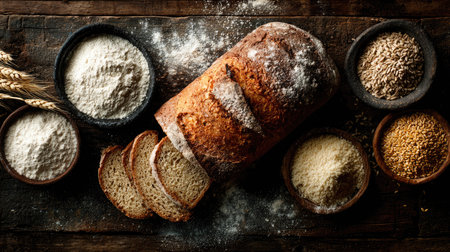 A beautifully arranged scene featuring freshly baked artisan bread with sliced portions, surrounded by various raw ingredients like flour and seeds on a rustic wooden table.の素材