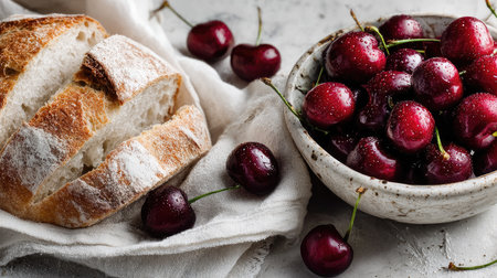 A beautifully arranged scene featuring freshly sliced bread beside a bowl of vibrant cherries on a light textured surface, ideal for food enthusiasts.の素材