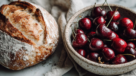 This beautifully composed still life features a loaf of crusty bread beside a bowl of fresh, glossy cherries, perfect for a seasonal culinary theme.の素材