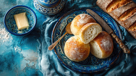 A beautifully arranged scene featuring freshly baked bread rolls on an ornate plate, accompanied by butter and a rustic loaf on a vibrant blue tablecloth.の素材