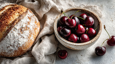 A delightful composition featuring freshly baked bread alongside a bowl filled with ripe cherries. The rustic setting highlights the natural textures and colors of the ingredients, creating an inviting and appetizing atmosphere perfect for food photography.の素材