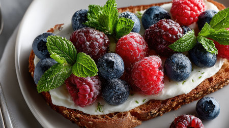 A mouthwatering slice of toast topped with creamy yogurt and a vibrant mix of fresh raspberries, blueberries, and mint leaves, perfect for a healthy breakfast.の素材
