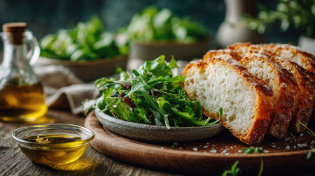A beautifully arranged plate of freshly baked bread served with a vibrant salad and a drizzle of olive oil, showcasing a rustic dining experience.の素材