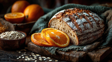 A beautifully arranged scene featuring a loaf of freshly baked bread accented with vibrant orange slices and oats, evoking a warm, rustic culinary experience.の素材