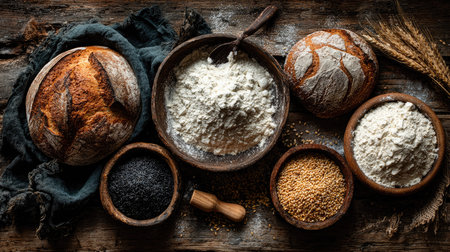 A beautiful arrangement of bread, flour, and grains on a wooden table creates a rustic culinary scene. The textures and colors reflect natural ingredients, ideal for food enthusiasts.の素材