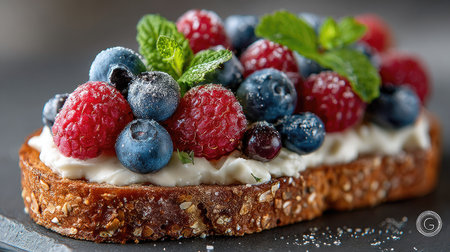 A beautifully arranged slice of toast topped with fresh raspberries, blueberries, and creamy cheese, garnished with mint leaves, perfect for any meal.の素材