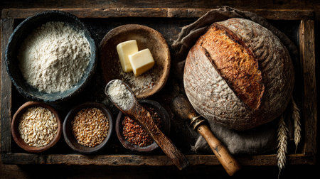 Captivating kitchen scene featuring a rustic setup for baking bread with flour, fresh butter, and various seeds, evoking a warm culinary atmosphere.の素材