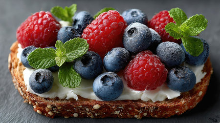 A vibrant slice of bread topped with creamy cheese, adorned with fresh raspberries and blueberries, garnished with mint leaves, perfect for a nutritious breakfast.の素材