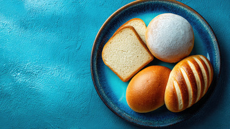 A vibrant blue plate holds a delightful assortment of freshly baked bread, including soft buns, fluffy rolls, and expertly sliced loaf. Perfect for any culinary setting.の素材