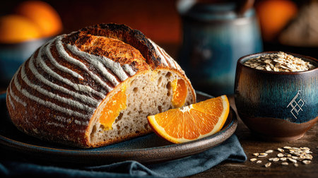 This inviting image showcases a freshly baked artisan bread loaf, cut open to reveal its soft texture and orange slices, set against a rustic wooden backdrop, perfect for food enthusiasts.の素材