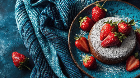 A beautifully styled chocolate cake adorned with fresh strawberries and a dusting of powdered sugar on a striking blue plate, set against a textured fabric backdrop, creating an inviting dessert scene perfect for any occasion.の素材