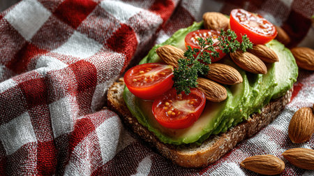 A mouthwatering composition featuring avocado toast topped with cherry tomatoes, almonds, and fresh herbs, artfully presented on a checkered tablecloth.の素材