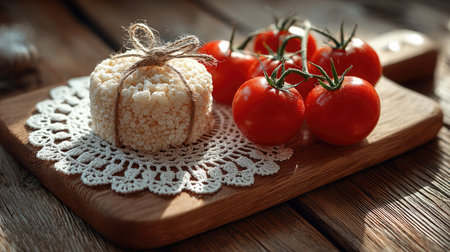 An inviting arrangement of fresh red tomatoes paired with creamy soft cheese on a rustic wooden board, enhanced by a delicate lace doily.の素材