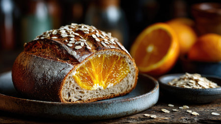 A beautifully baked artisan bread with a fresh orange slice, topped with oats, rests on a rustic wooden table, accompanied by juicy oranges.の素材