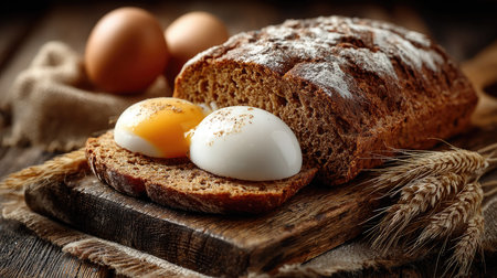 A beautiful arrangement of freshly baked bread slices topped with boiled eggs, inviting a cozy breakfast setting. Perfect for food lovers.の素材