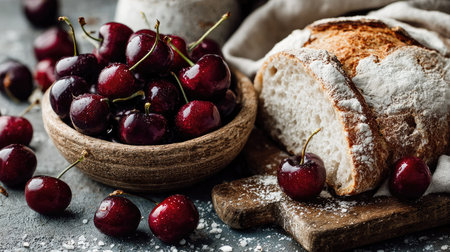 A beautiful composition featuring fresh cherries and artisan bread on a rustic wooden table, showcasing natural textures and warm colors. Perfect for food photography.の素材