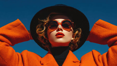 A stylish woman wearing a striking orange coat and large sunglasses poses confidently against a clear blue sky, showcasing contemporary fashion trends.の素材