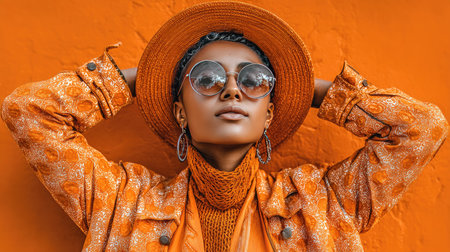 A fashionable young woman stands confidently against a rich orange wall, showcasing her stylish outfit, round sunglasses, and chic accessories.の素材