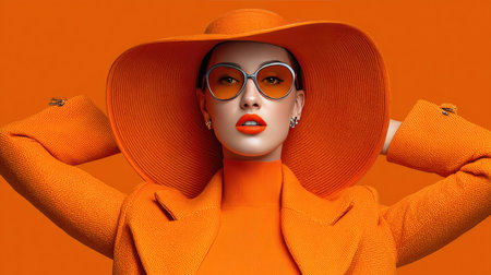 A fashionable woman exuding confidence poses in an extravagant orange hat and stylish sunglasses. The striking orange backdrop enhances her vibrant look and bold style.の素材