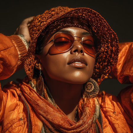 A stylish young woman radiates confidence in her vibrant orange hat and sunglasses, creating a striking fashion moment against a dark backdrop.の素材