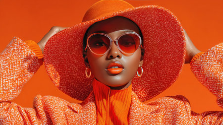 This vibrant fashion portrait showcases a stylish woman adorned in an orange hat and sunglasses, set against a bright orange background, exuding confidence and elegance.の素材