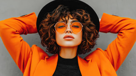 A striking portrait of a stylish young woman with curly hair wearing a bright orange blazer and sunglasses, showcased against a gray wall. Her confident pose exudes modern fashion and individual style.の素材