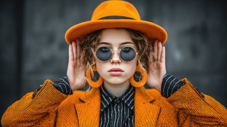 A fashionable young woman showcases a striking orange outfit with a chic hat and round sunglasses, embodying modern style against a dark background.の素材