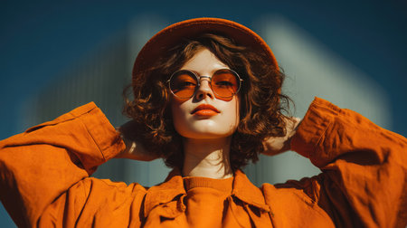 This vibrant image showcases a fashionable young woman in a bold orange outfit and stylish sunglasses, posing confidently against an urban background.の素材