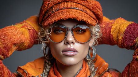 A captivating portrait of a young woman styled in a vibrant orange outfit, featuring bold accessories and oversized sunglasses. The image highlights individuality and confidence in fashion.の素材