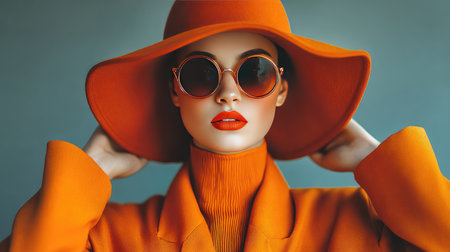 A captivating portrait of a fashionable woman wearing a stunning orange hat and coat, completing her look with stylish sunglasses and bold lipstick.の素材