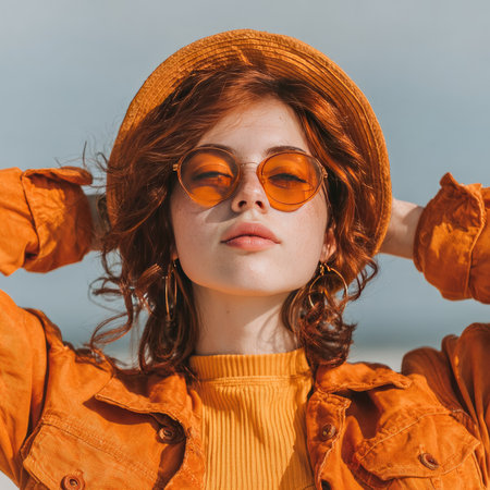 A fashionable young woman with vibrant orange hair enjoys a sunny day by the ocean, wearing stylish round sunglasses and a straw hat, exuding confidence.の素材