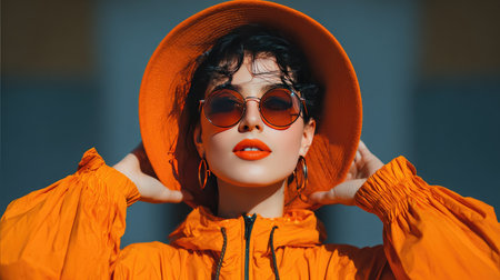 Captivating portrait of a stylish young woman wearing a trendy orange outfit, oversized sunglasses, and a matching hat. She exudes confidence and joy in a bright outdoor setting.の素材