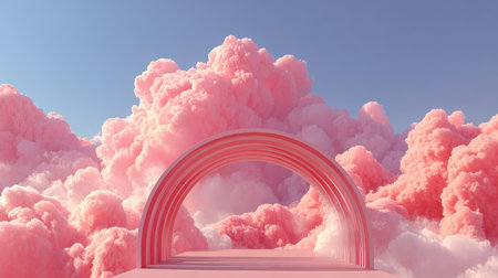 Captivating image of fluffy pink clouds with an elegant archway under a clear blue sky. Ideal for projects needing a whimsical and dreamy aesthetic.の素材