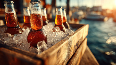 A picturesque scene featuring bottles of refreshing beverage nestled in a wooden crate filled with ice, set against a sunset by the sea.の素材