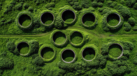 This stunning aerial photograph showcases a series of unique circular structures nestled in vibrant greenery, emphasizing the beauty of nature and geometric patterns.の素材