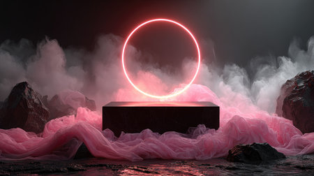 This stunning abstract image features a glowing neon circle set against a backdrop of ethereal pink smoke and dark rocky formations, creating a captivating scene.の素材